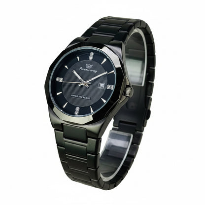 Men's black stainless steel wristwatch with round dark dial and linked bracelet