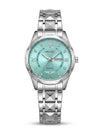 Men's diamond-cut waterproof wristwatch with turquoise dial and silver metal bracelet