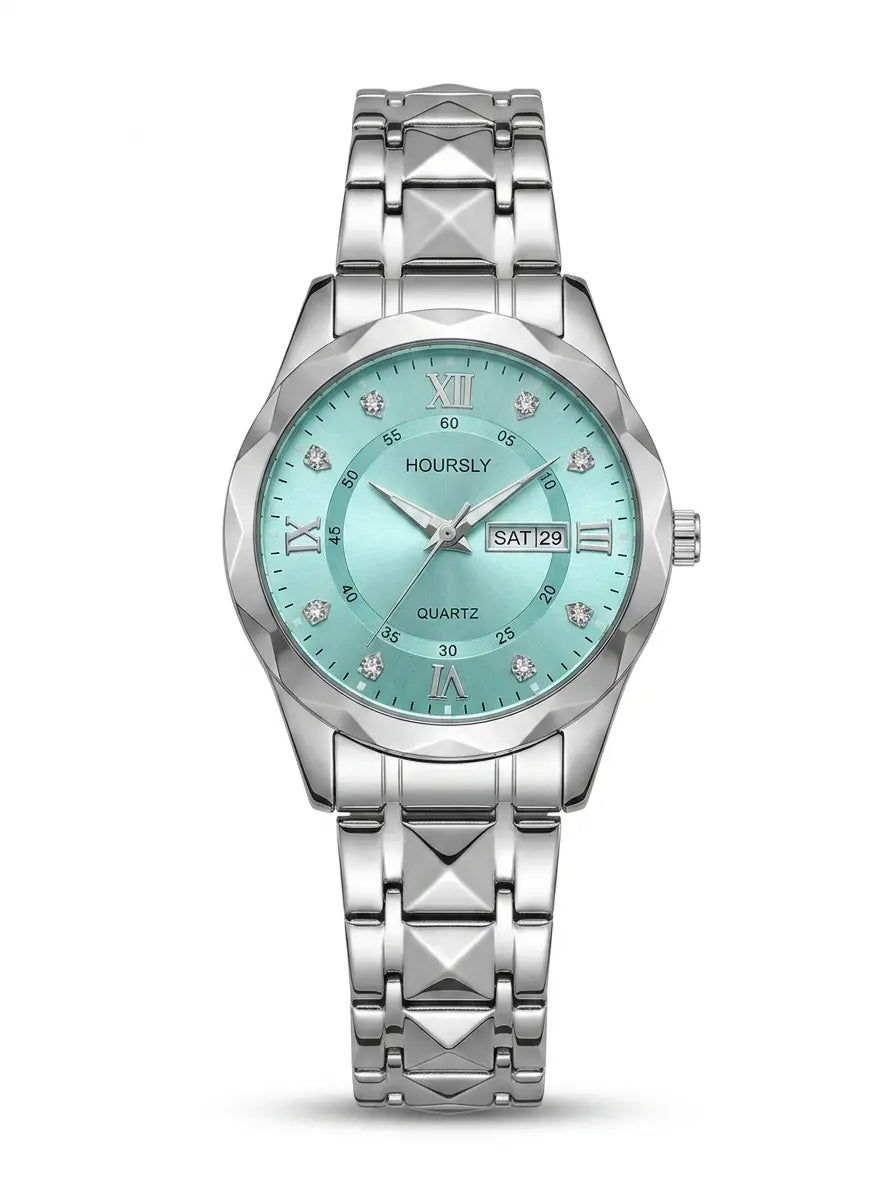 Men's diamond-cut waterproof wristwatch with turquoise dial and silver metal bracelet