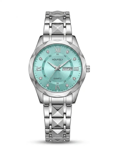 Men's diamond-cut waterproof wristwatch with turquoise dial and silver metal bracelet