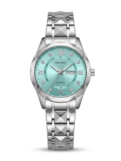 Men's diamond-cut waterproof wristwatch with turquoise dial and silver metal bracelet