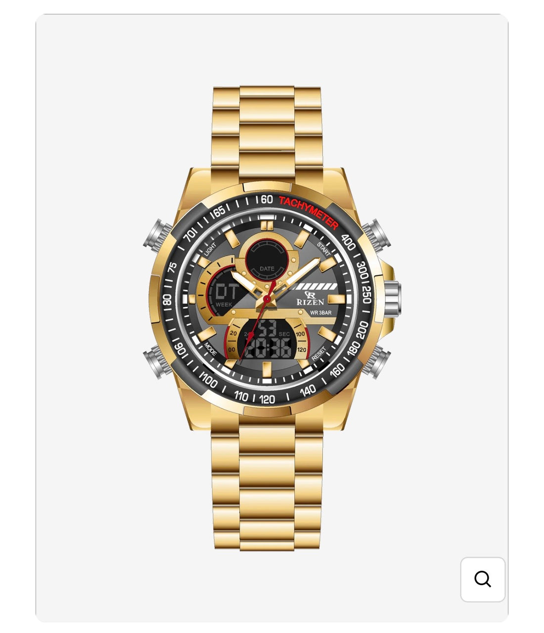 Silver metal sports watch with black dial, dual subdials, tachymeter bezel