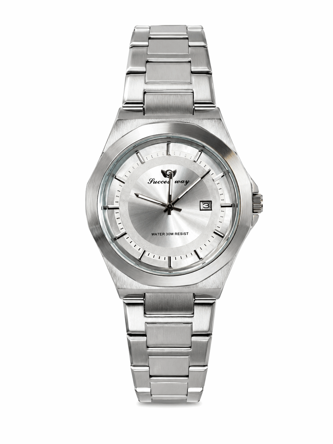 Men's stainless steel analog watch with blue dial, date window at 3, metal bracelet