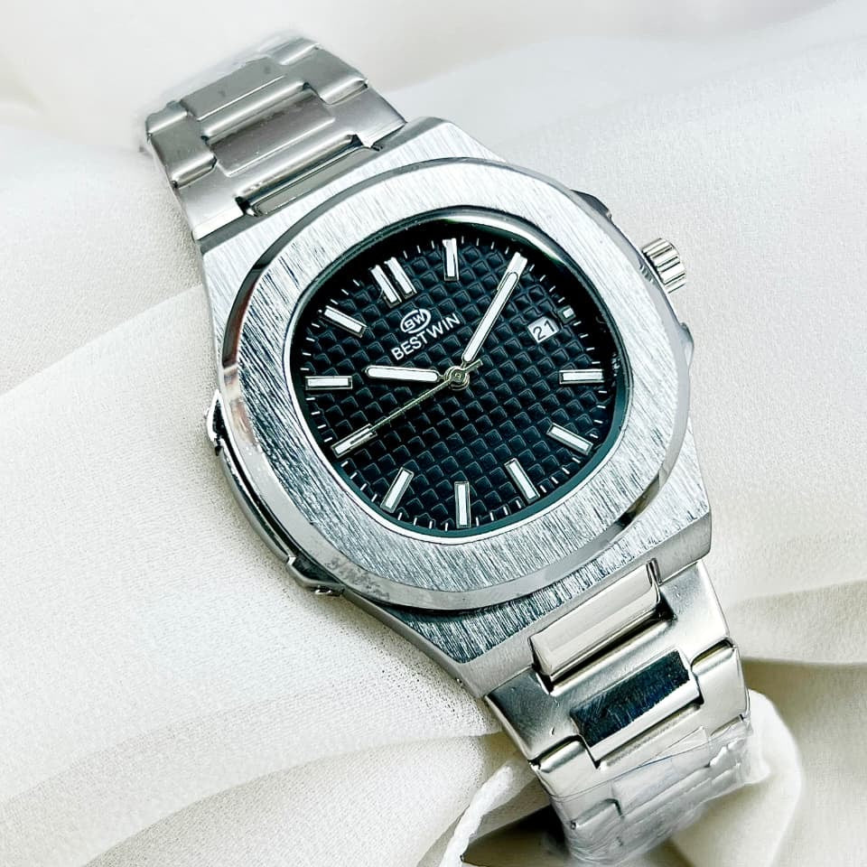 Stainless steel automatic wristwatch with black patterned dial and metal link bracelet