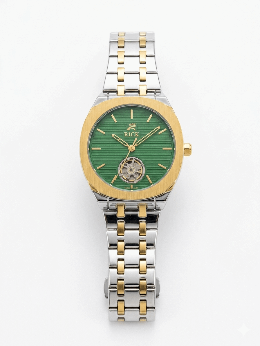 Two-tone waterproof slim watch, green dial, gold-and-silver metal bracelet