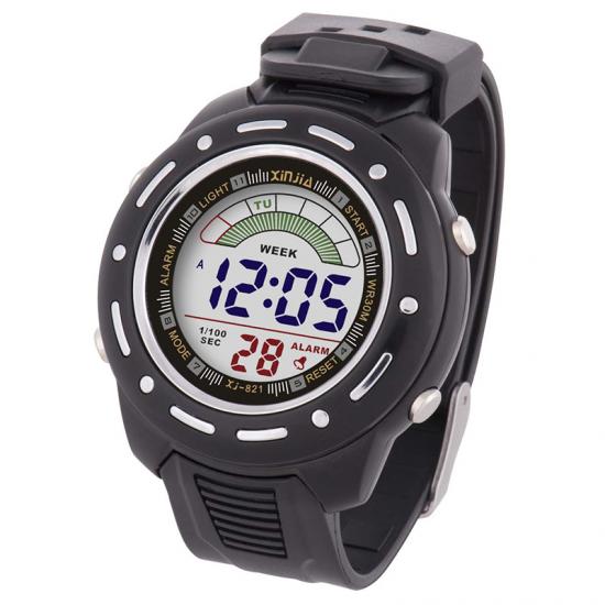 Digital sports watch with black resin band, rose-gold bezel, blue LCD time readout