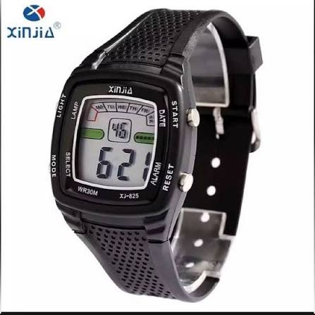 Black waterproof digital sports watch, textured rubber strap, WR30M day/date alarm
