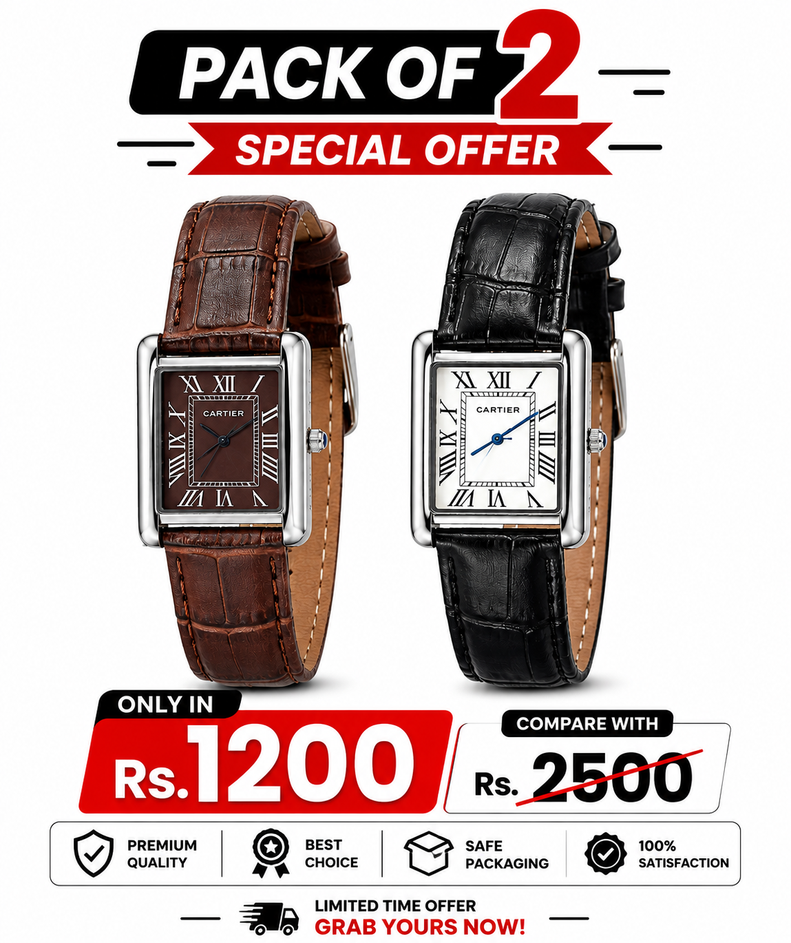 Rectangular dress watch set with brown and black leather straps, roman numeral dials.