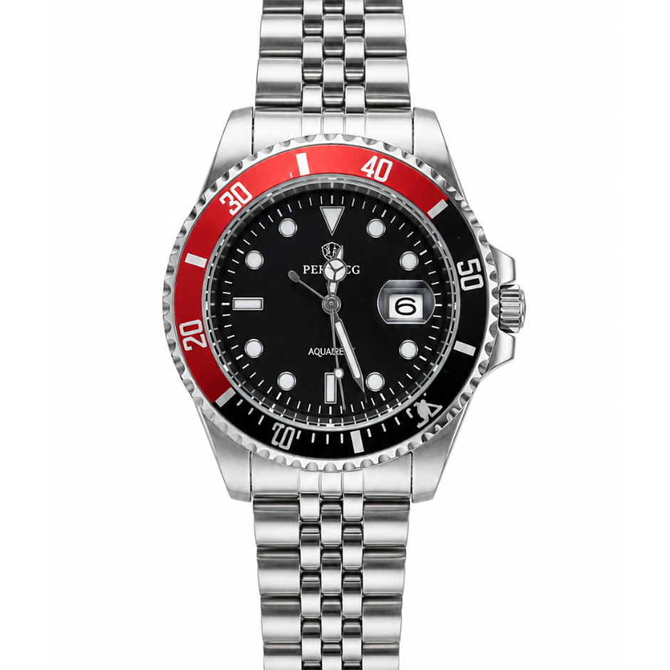 Stainless steel diver watch with black dial, red bezel, steel bracelet