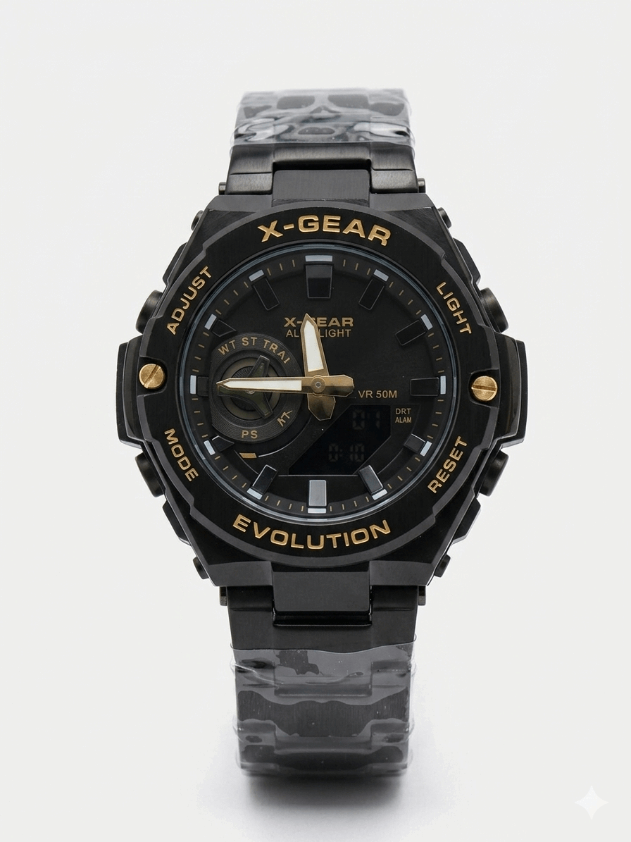 Black dual-time waterproof wristwatch with camouflage-style silicone strap