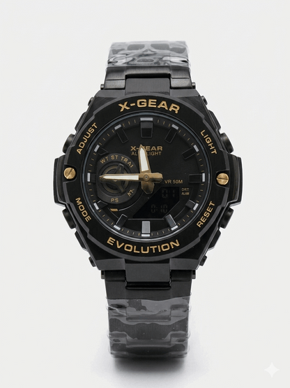 Black dual-time waterproof wristwatch with camouflage-style silicone strap