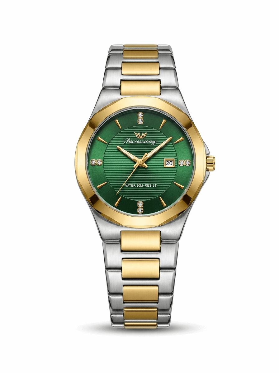 Two-tone men's wristwatch, blue dial with gold markers and metal link bracelet