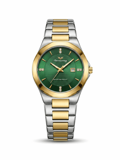 Two-tone men's wristwatch, green dial with gold markers and metal link bracelet