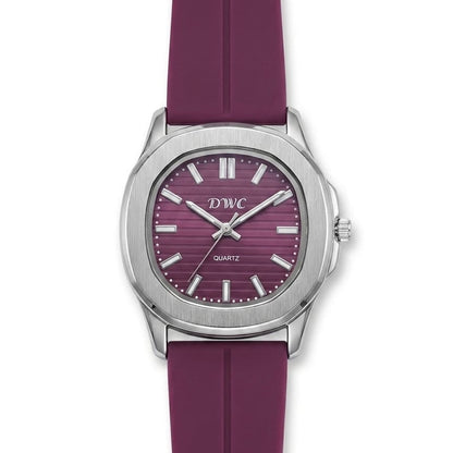 Men's quartz watch with purple silicone strap and burgundy dial, silver case