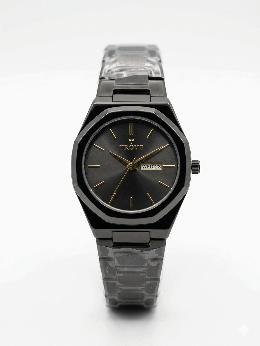 Waterproof Trove black wristwatch with dark face, gold markers, clear link band.