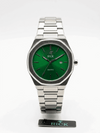 Men's weighted stainless steel watch with green dial and metal bracelet