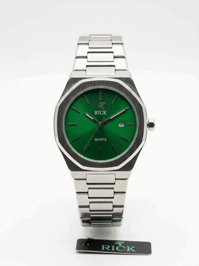 Men's weighted stainless steel watch with green dial and metal bracelet