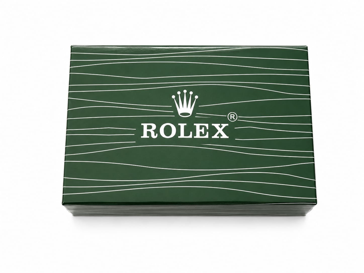 Rolex premium green watch box closed showing signature deep green exterior with white Rolex crown logo