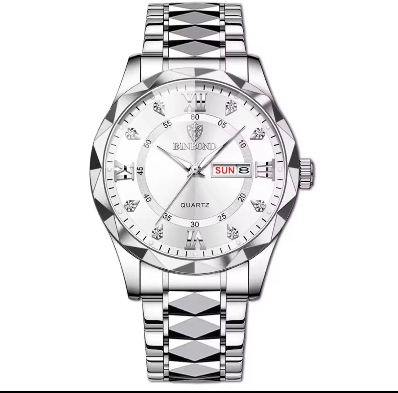 Men's diamond-cut waterproof watch, silver case with white dial and steel link bracelet