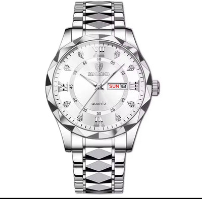 Men's diamond-cut waterproof watch, silver case with white dial and steel link bracelet