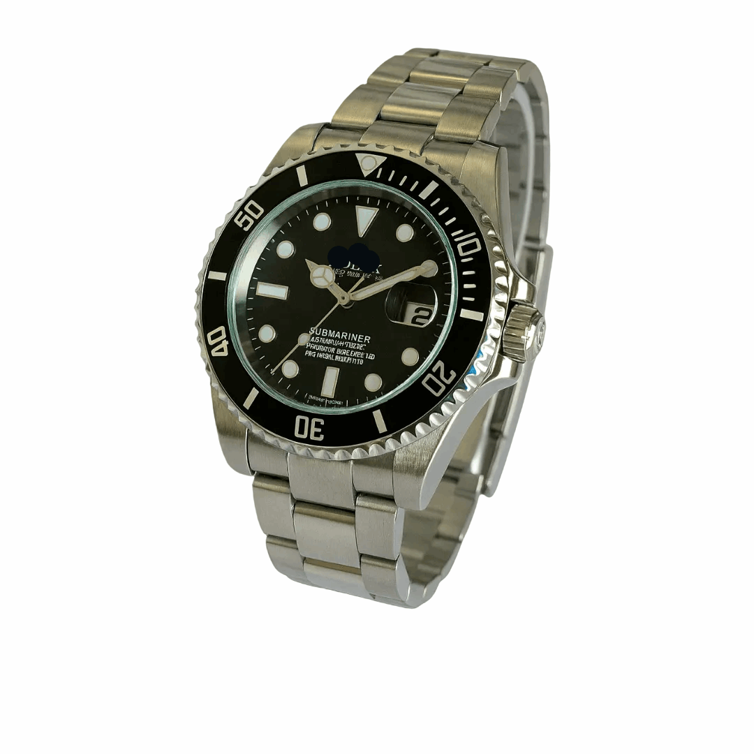 R-lex Subreen Silver stainless steel watch with black dial and numbered bezel