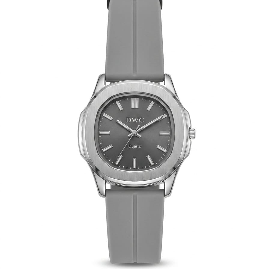Men's quartz watch with gray silicone strap and gray dial, silver case