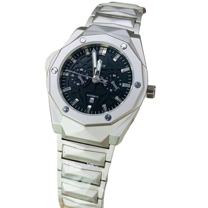 Automatic diamond-cut chain watch with black dial and silver metal bracelet