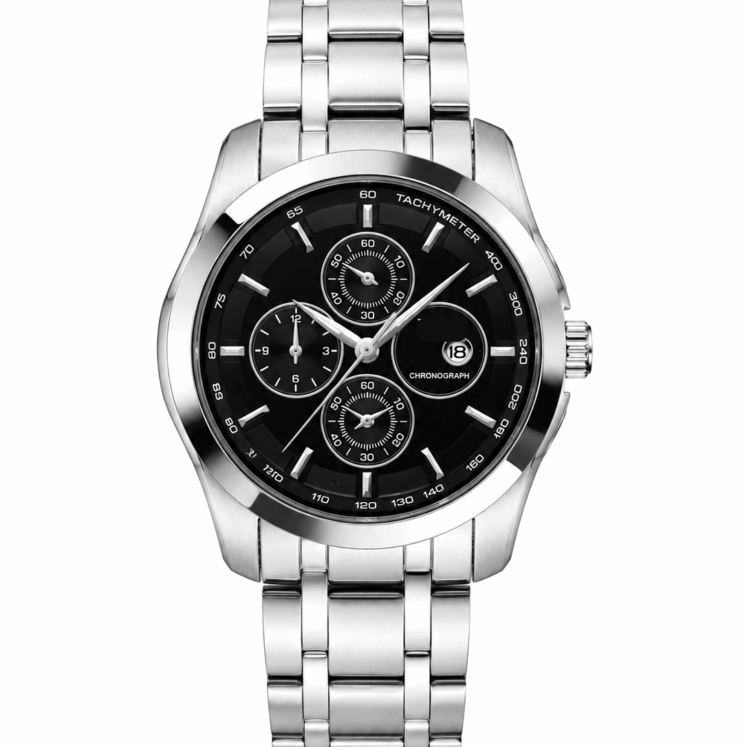 Men's silver-tone chronograph wristwatch with black dial and metal link bracelet