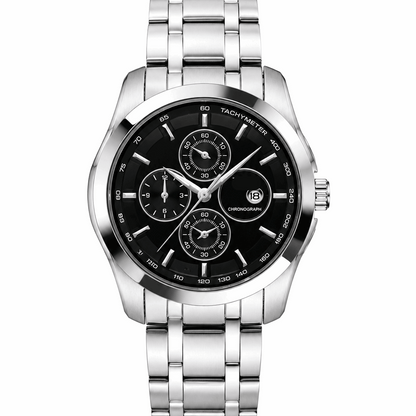 Men's silver-tone chronograph wristwatch with black dial and metal link bracelet