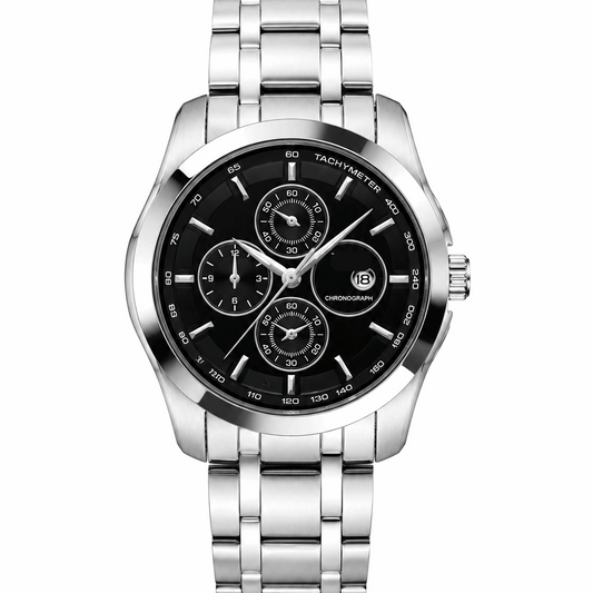 Men's silver-tone chronograph wristwatch with black dial and metal link bracelet
