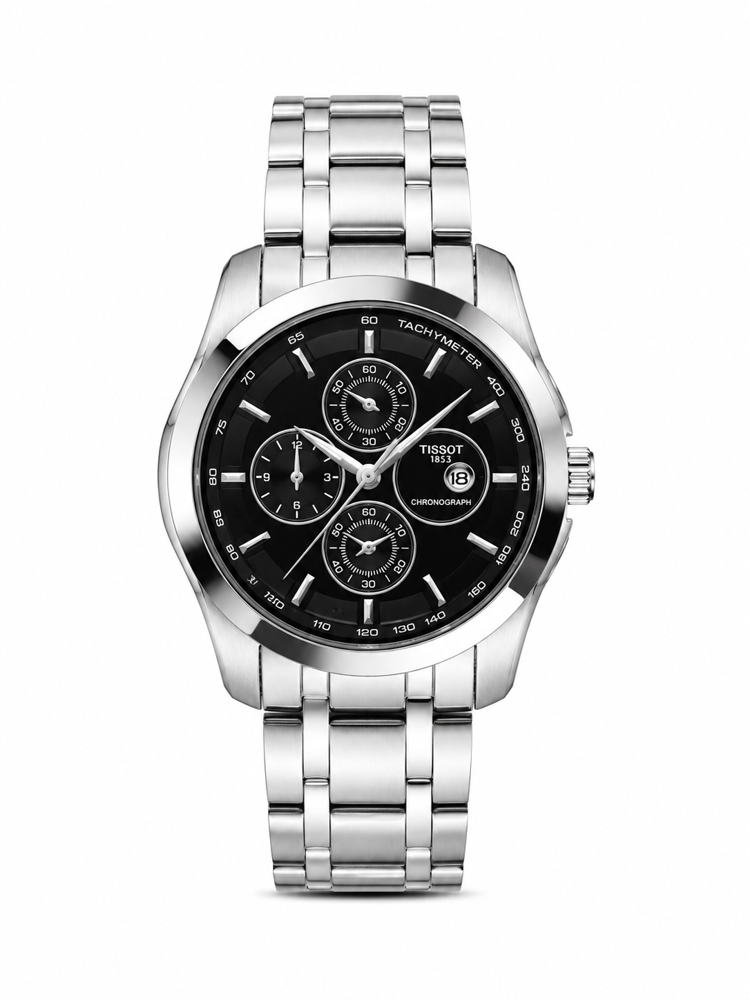 Men's Tissot silver watch with black chronograph dial and metal bracelet