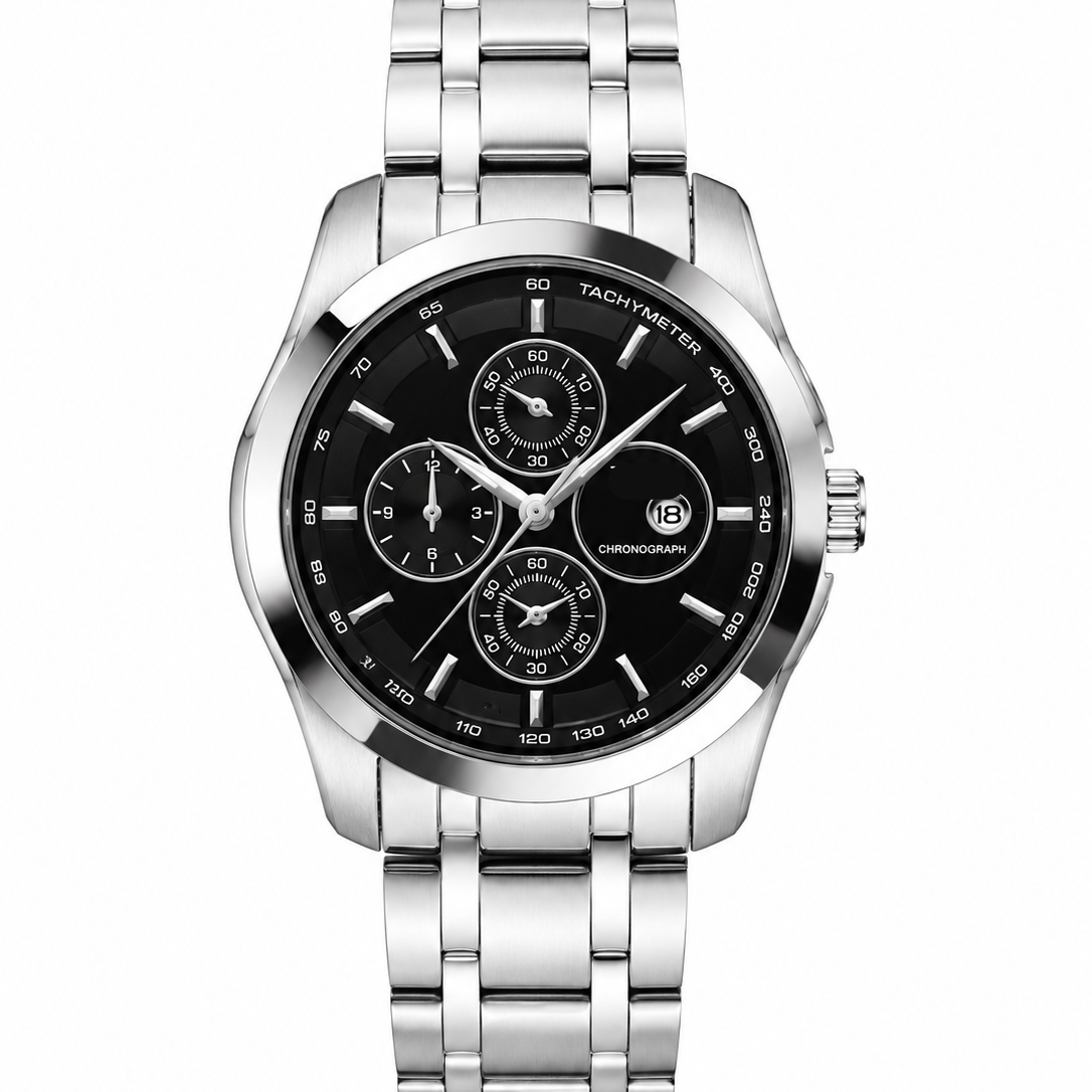 Men's Tissot silver watch with black chronograph dial and metal bracelet