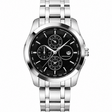 Men's Tissot silver watch with black chronograph dial and metal bracelet
