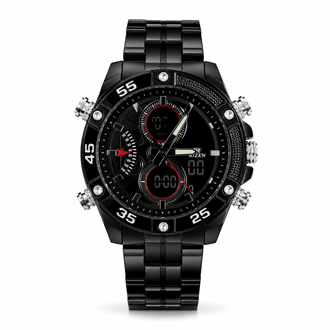 Black sport dual-time wristwatch with metal link bracelet and chronograph subdials.