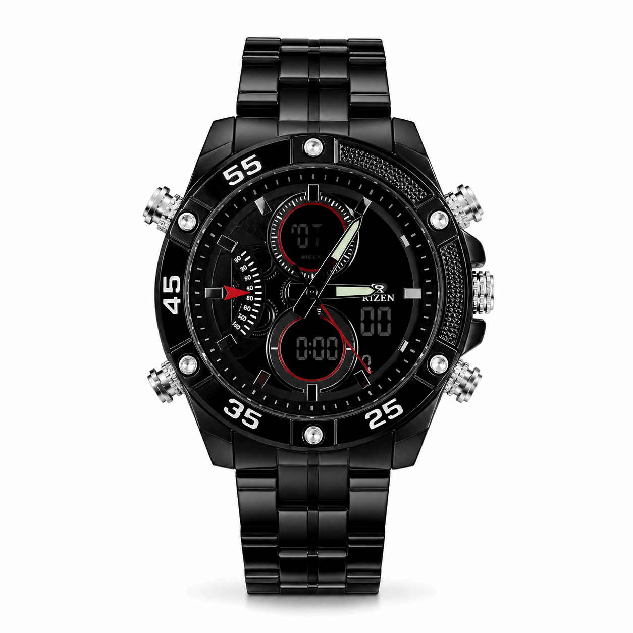Black sport dual-time wristwatch with metal link bracelet and chronograph subdials.