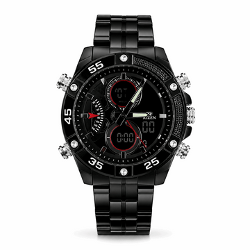 Black sport dual-time wristwatch with metal link bracelet and chronograph subdials.