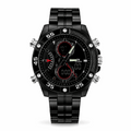 Black sport wristwatch with black dial, red accents, metal link bracelet, dual time subdials