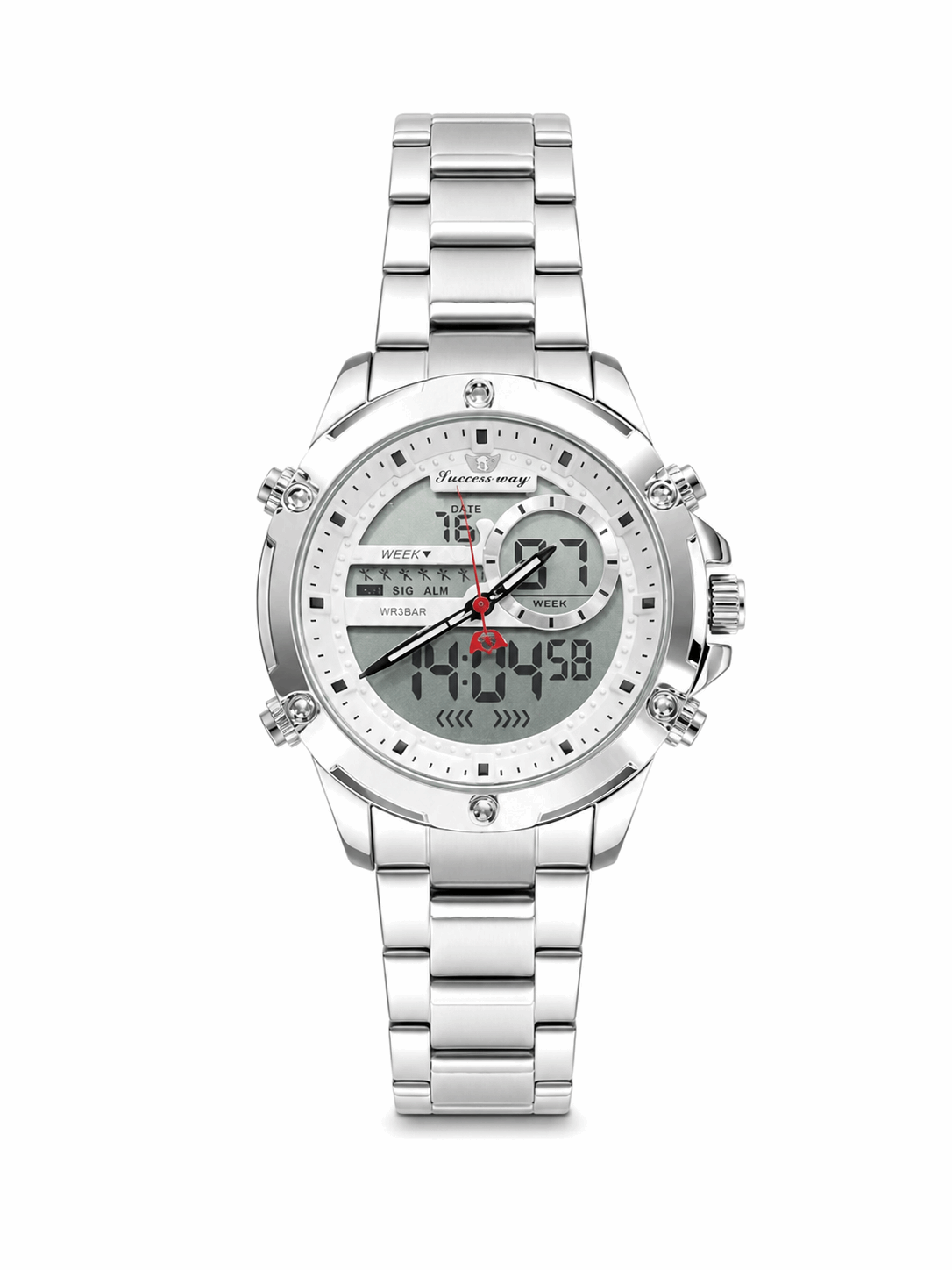 Dual time wristwatch with silver dial and stainless steel metal link bracelet