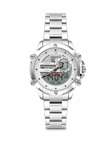 Dual time wristwatch with silver dial and stainless steel metal link bracelet