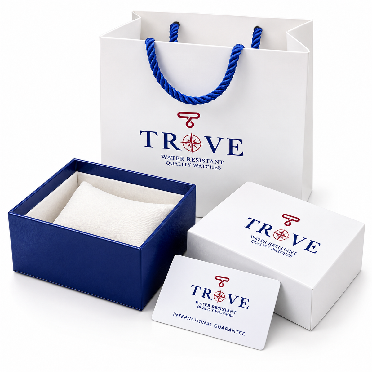 Trove men's watch gift box set with blue rope handles and logo cards