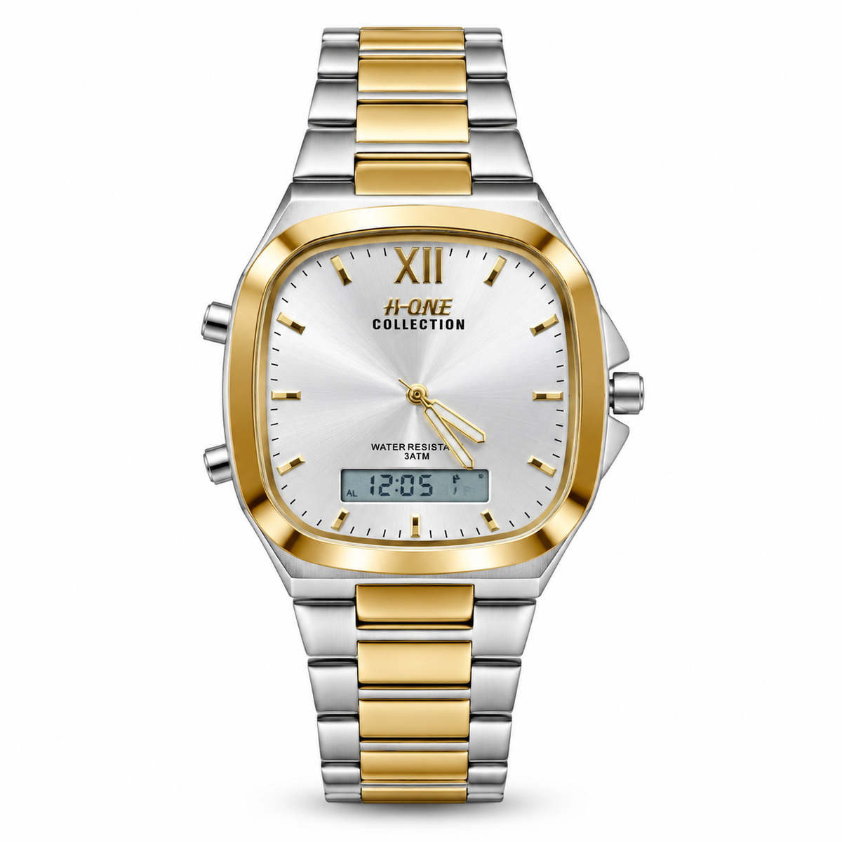 Two-tone dual time watch with white dial, gold accents, and silver-gold bracelet with digital window