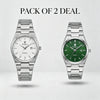 Pair of steel quartz wristwatches with light gray and green dials on metal bracelets