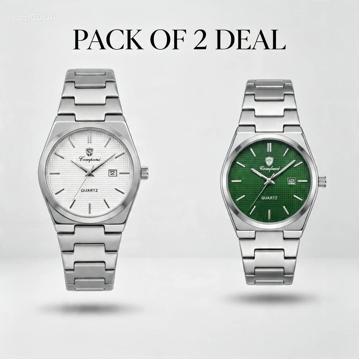 Pair of steel quartz wristwatches with light gray and green dials on metal bracelets