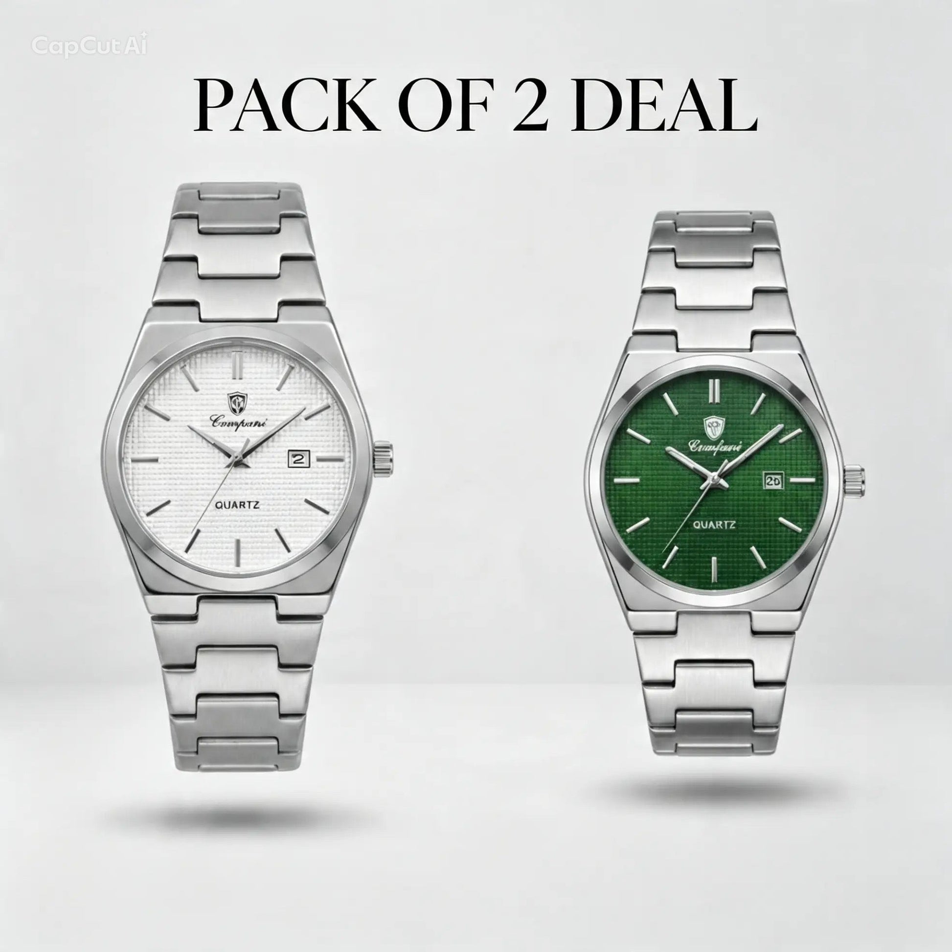 Compani Quartz Pack of 2 Watches - Grey and Black dial stainless steel bundle