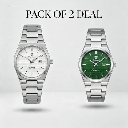 Pair of steel quartz wristwatches with light gray and green dials on metal bracelets