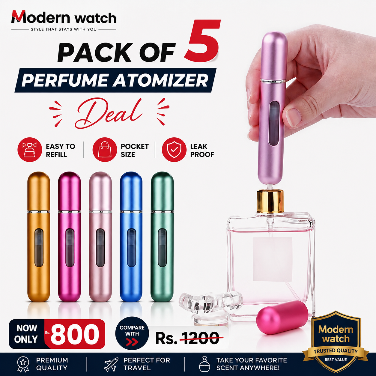 Pack of 5 perfume atomizers, refillable travel sprayers in gold, pink, clear, blue, green