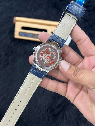 Martyn Master Lock men’s watch with blue leather strap and silver round case