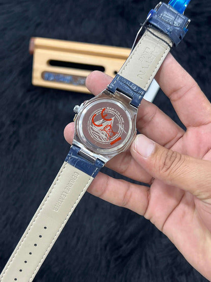 Martyn Master Lock men’s watch with blue leather strap and silver round case