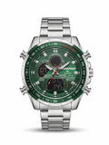 Green dial sports watch with silver metal bracelet, dual subdials and date window