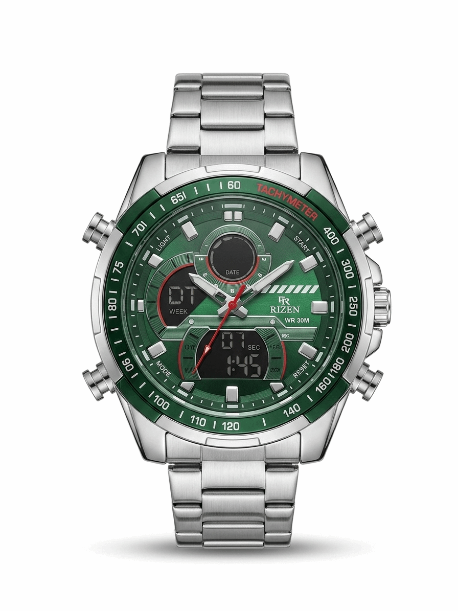 Green dial sports watch with silver metal bracelet, dual subdials and date window